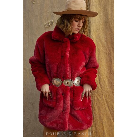 Double D Ranch Montana Chill Red Faux Fur Jacket XL NWT Banjo Burgundy Concho - Picture 4 of 14